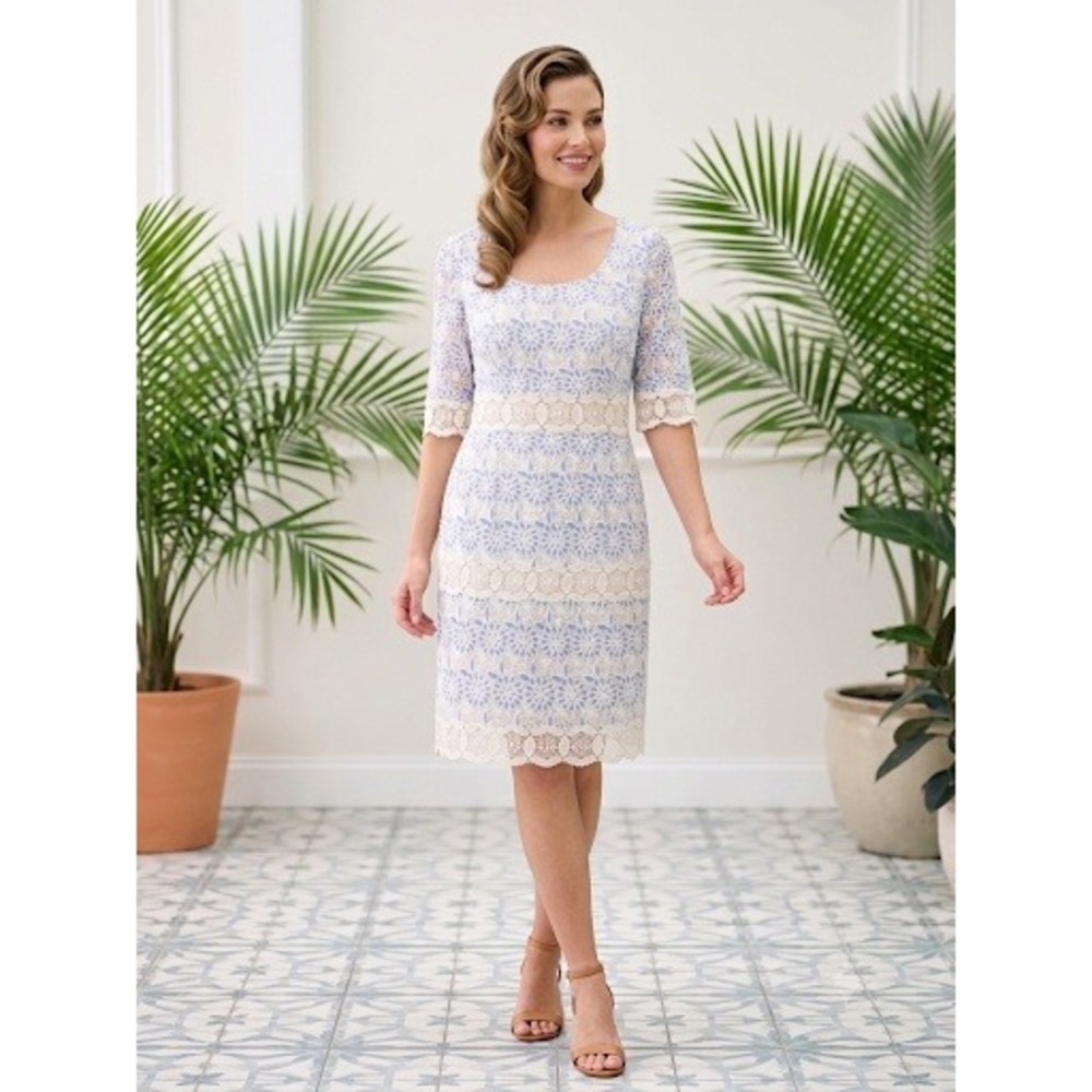 Rabbit Rabbit Rabbit Designs Lace Sheath Dress 8 Blue Ivory Eyelet Slim Fit